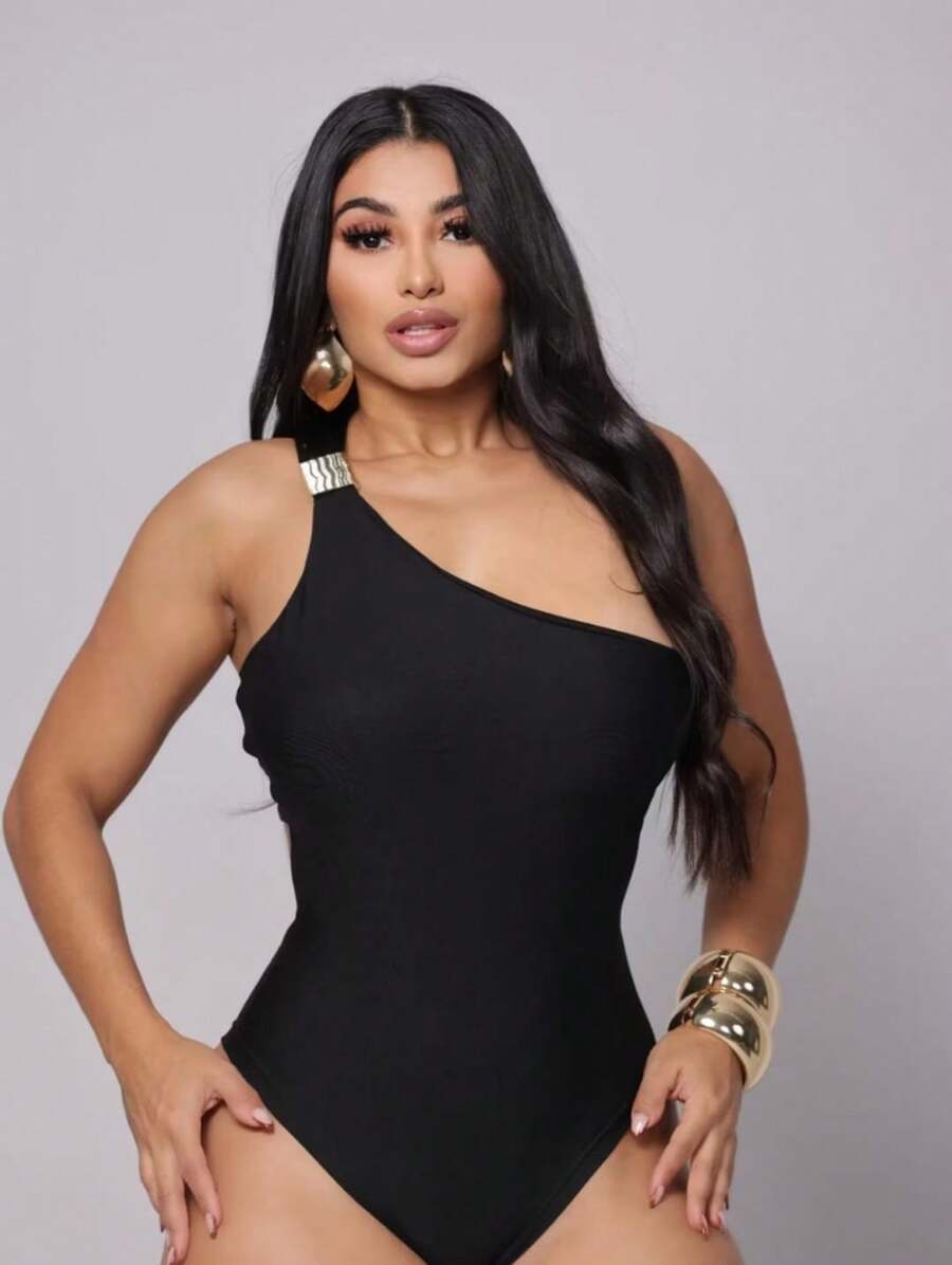 Bodysuit With Sleeveless Design, Buckle With Padding, Sensual, Simple, Casual, Elegant, Asymmetrical, Summer Style. - Black - View 1