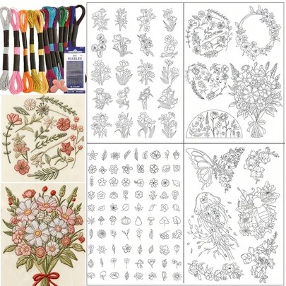 100PCS Floral Pattern Water-Soluble Embroidery Paper Set, DIY Self-Adhesive Embroidery Stickers With 12 Colors Metal Threads & 16 Needles