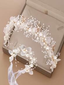 一套人造珍珠花冠+手链，可调节花朵头饰，手工发饰，腕花冠，适用于婚礼、派对、生日（白色，可调节）情人节配饰 - 金色 - 查看 12