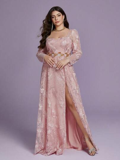 Đầm maxi dài tay dài, xẻ cao, màu hồng ren hoa ren MGIACY dành cho nữ cỡ lớn, kiểu dáng thanh lịch, thích hợp cho mùa hè, đám cưới, dạ hội, tiệc tùng và lễ hội.