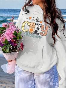 Sudadera con capucha cómoda para mujeres con patrón 'Saludos de Otoño' - Sudadera casual con cordón y diseño floral de otoño, perfecta para actividades de otoño, ropa de invierno y otoño, ropa casual para salidas |   Ropa temática de otoño | Sudadera con capucha y cordón - Blanco - Ver 1