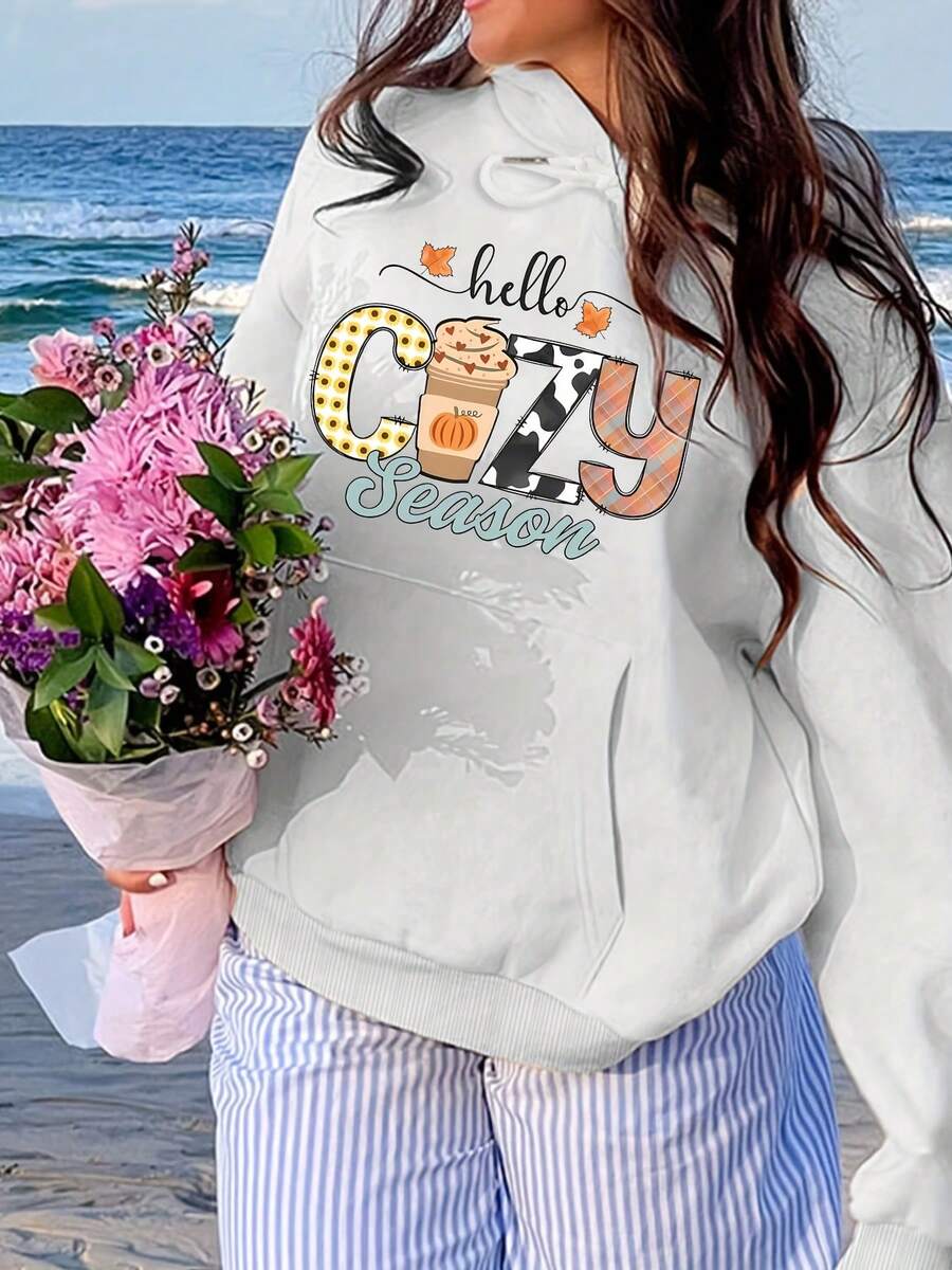 Sudadera con capucha cómoda para mujeres con patrón 'Saludos de Otoño' - Sudadera casual con cordón y diseño floral de otoño, perfecta para actividades de otoño, ropa de invierno y otoño, ropa casual para salidas |   Ropa temática de otoño | Sudadera con capucha y cordón - Blanco - Ver 1