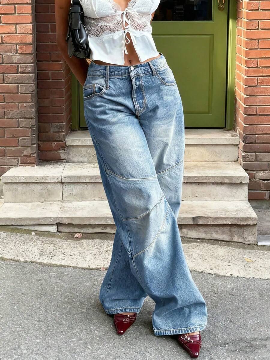 Quần jeans ống rộng dáng suông phong cách đường phố thường ngày, túi xéo, phối nhiều mảng vải và đường khâu, thích hợp cho mùa thu. - Màu xanh lam - Xem 1