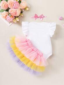 3件套女婴复活节套装，可爱复活节兔子和彩蛋图案，短袖连体衣+裙子+发饰套装，派对礼服 - 白色 - 查看 3