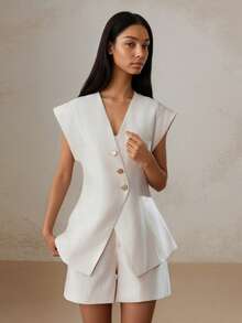 2pcs V-Neck Vest Suit For Women, Commuting Casual Fashion Slimming Versatile Top & Shorts Set - Apricot - View 2