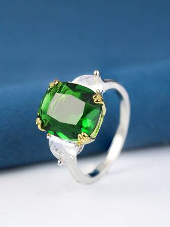 1pc S925 Silver Elegant Ring, Inlaid With Synthetic Cubic Zirconia Oval Emerald Gemstone, Suitable For Engagement, Wedding, Party, Sparkling Cubic Zirconia Accents