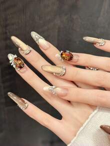 10pcs Handmade Nails Oval Nails Press On Nails Long Extra Long, Gentle Brown Nails, Maillard Color Flashy Cateye, Nail Gems 3D Large Bow Diamond Stone Pearl Inlaid, Luxury Elegant Handcrafted Autumn Nails, Fall Press On Nails, Y2K Style Festival Nail Party Daily & Dating Use Beach Tropical Getaway Suitable,DIY False Nail Art Suitable For Women & Girls As Gift Nail Supplies - Multicolor - View 2