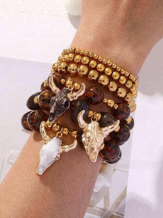 1ชิ้น สร้อยข้อมือสไตล์คาวบอยตะวันตกสร้างสรรค์หรูหราสง่างามหัวกระทิงประดับลูกปัดลายเสือดาวทำจากไทเทเนียม เหมาะสำหรับผู้หญิง, พี่น้อง, คู่รัก, เหมาะสำหรับรอมฎอน, อีด, เดทประจำวัน, งานปาร์ตี้, วันหยุด, ของขวัญและวันพักผ่อน