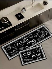1pc Silica Gel Kitchen Mat, Hand-Drawn Chalkboard Style Kitchen-Themed Pattern: Black Background With White Line Drawings Of Chef Hat, Frying Pan, Spice Bottles, Flour Bag Etc., Complemented By "KITCHEN" And "HOME Sweet" Text, Cushioned Anti-Fatigue Kitchen Carpet With Fabric Surface And Sponge Absorbent Material