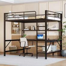 Hochbett, 140*200 Cm, Geländer, Trittleiter, Mit Usb Und Steckdose, Mit LED-Luchten, Schreibtisch, Mehrstöckiges Regal, Ohne Matratze, Metall, Schwarz
