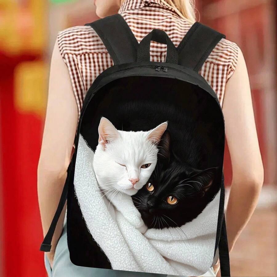 1pc Black And White Cat Large Capacity 17-Inch Casual Backpack With Laptop Compartment, Adjustable Shoulder Straps, And Water Bottle Holder - Durable Lightweight Design For School, Work, Travel, And Picnics - Unique Gift For Family And Friends, Backpack For School, Work Commute, And Travel, Playful Design, Sturdy Construction - màu đen - Xem 1