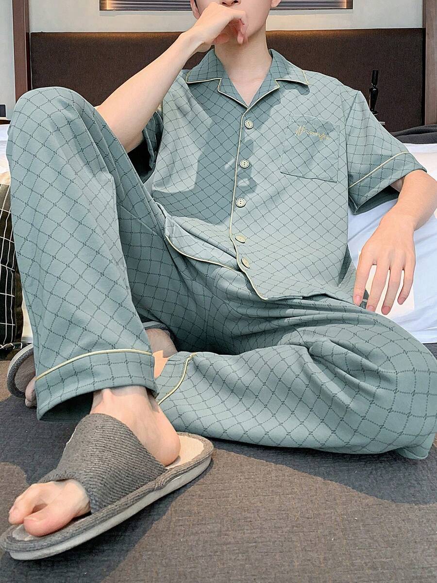 Men Plaid Print Contrast Piping Top & Pants PJ Set - Green - View 1