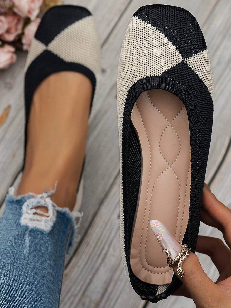 Quadratische Zehenspitzen Damenschuhe, gestrickte lässige atmungsaktive Ballett-Schuhe, bequeme Slip-On Loafer, geeignet für Sommer, Frühling, Lässig Wear, Boho-Stil, Schwarz, Weiß, Beige, Hellblau, vielseitige Flache Schuhe, Große Größen, Mesh Lässig Walkingschuhe, einfarbige lässige Schlupfschuhe - Dunkelbeige - Übersicht 1
