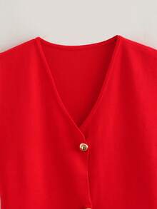 Chaqueta de punto sin mangas con cuello en V y botones dorados de moda casual para mujer, chaleco de punto casual de un solo pecho de unicolor, otoño - Rojo - Ver 5