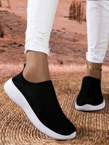 Giày lười đế bằng dệt kim thoáng khí màu đen và trắng dành cho nữ, nhẹ và thoải mái khi mang hàng ngày - Đen và trắng - Xem 15