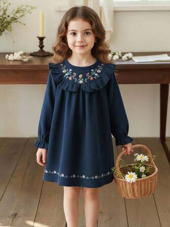 Embroidered Girls' Dress, Ruffle Collar Detailed Embroidery Long Sleeve Loose Dress, Suitable For Casual Outings/Outdoor Leisure Vacations/Princess Style, Spring/Autumn
