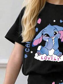 Tween Girl Cartoon Print Short Sleeve Top And Skinny Flared Pants Set - Black - View 4