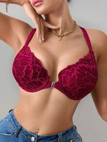 女士文胸，薄款加厚罩杯，钢圈支撑，前扣式设计，精美蕾丝后背图案 - 紅色 - 查看 2