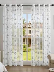 2pcs White Embroidered Sheer Curtains - Floral Pattern, Decorative Grommet Window Treatment For Living Room And Bedroom - White and Gray - View 3