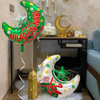 2 st gröna stjärn- och månefolieballonger dekor, lämpliga för Ramadan, Eid-firanden, Ramadan Kareem, Ramadan Mubarak, Eid Mubarak-tema festdekorationer