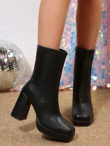 Shoes Women's Square Toe Ankle Boots High Chunky Block Heel Platform Stretch Booties PU Winter Dress Winter - 黑色 - 查看 8