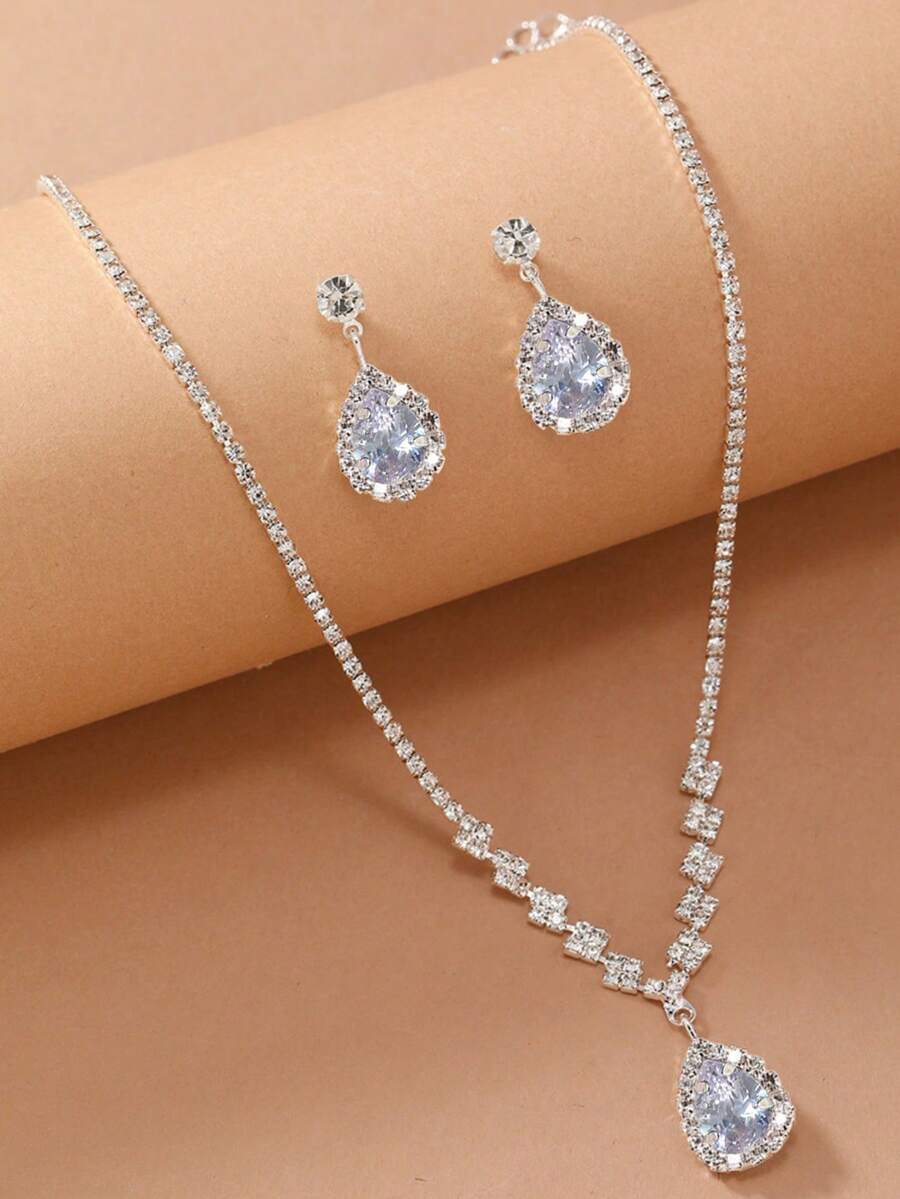 3pcs/Set Silver-Color European & American Fashion Earrings & Necklace Set, Rhinestone Detailed Jewelry Set, Suitable For Teenage Girls, Adults, Gifts For Holidays, Birthdays, Parties, Back To School - Silver - View 1
