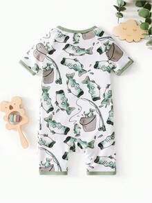 Bamboo Fiber Short Sleeve Zippered Unisex Baby Cartoon Jumpsuit - 綠色 - 查看 7