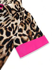 HUTENER Leopard Print Colorblock Short Sleeve Long Dress, Women Spring/Summer - Pink - View 5