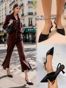 1 Pair Teenage Girls' Stiletto Sandals, Featuring Minimalist Stone Pattern Design, Fashion Casual With Adjustable Heel Strap, Suitable For Daily Wear And Party, Pointed Toe Sandals - Black - View 2