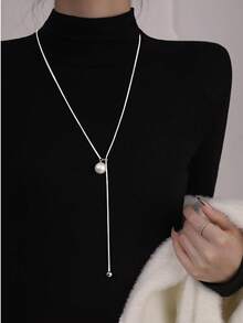 MONALLY Dây chuyền dài bằng thép không gỉ có thể điều chỉnh, đính ngọc trai, kiểu dáng đa năng dành cho nữ, phụ kiện thời trang không thể thiếu, món quà hoàn hảo cho người yêu thời trang. - vòng cổ dài - Xem 6