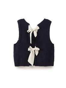 Women's Fall Knit Waistcoat Bow Tie Back Sweater Vest Slim Fit Tank Tops Streetwear - 藏蓝色 - 查看 1
