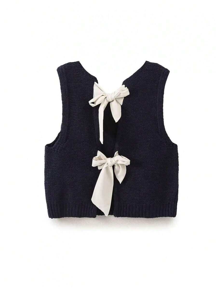 Women's Fall Knit Waistcoat Bow Tie Back Sweater Vest Slim Fit Tank Tops Streetwear - 藏蓝色 - 查看 1
