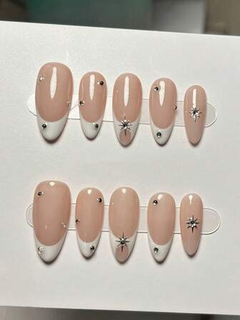 10 st. handgjorda press-on naglar, medelstora naglar, mandelnaglar, vita naglar, mild mogen stil, nakenrosa med vita franska stjärnformade mikrodiamantutsmyckade minimalistiska eleganta press-on naglar för kvinnor och flickor, vår, sommar, höst, vinter, festivaler, fest och vardagsliv