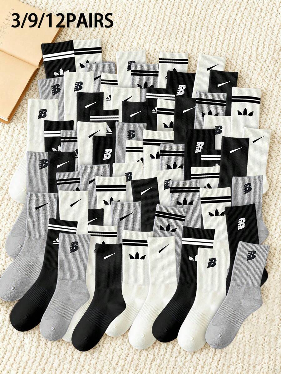 3/9/12 Pairs Of Solid-Color Versatile Socks, Breathable, Comfortable, Absorbent, Suitable For Daily Wear, Sports, Office, Casual Styles, And Valentine's Day All Year Round - Multicolor - View 1