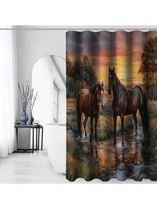 Juego de 1/4 piezas de cortina de ducha con patrón creativo de caballo bebiendo agua al atardecer, que incluye alfombra antideslizante, tapete de inodoro, alfombra de baño, cortina de ducha opaca y 12 ganchos resistentes, decoración y accesorios de baño de alta calidad, adecuados para todos los estilos de decoración del hogar - Multicolor - Ver 23