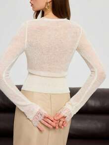 Women's Solid Color Lace Trim Sheer V-Neck Buttoned Knit Top Slim Fit Long Sleeve Shirt,Spring/Fall Clothes For Women,Perfect For Daily Office Wear,Going Out Outfits - 白色 - 查看 8