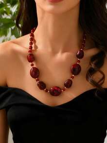 1件 时尚复古奢华酒红色亚克力串珠项链 - 酒紅色 - 查看 1