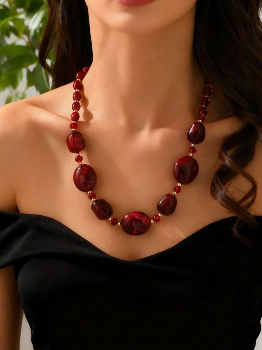 1件 时尚复古奢华酒红色亚克力串珠项链 - 酒紅色 - 查看 1
