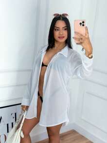 Women's Short Kimono Beach Cover-Up Simple Long Sleeve Shirt Women's Summer Fashion Without Button - 白色 - 查看 6