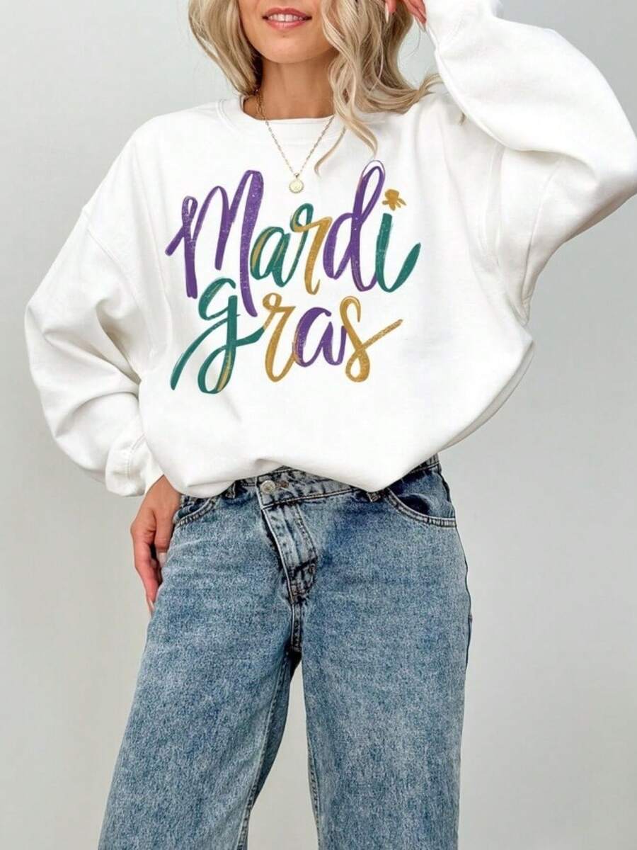 Mardi Gras Sweatshirt Mardi Gras Celebration Gift For Mardi Gras Festival Crewneck Lousiana Shirt For Women New Orleans Sweatshirt-1 - 黑色 - 查看 1