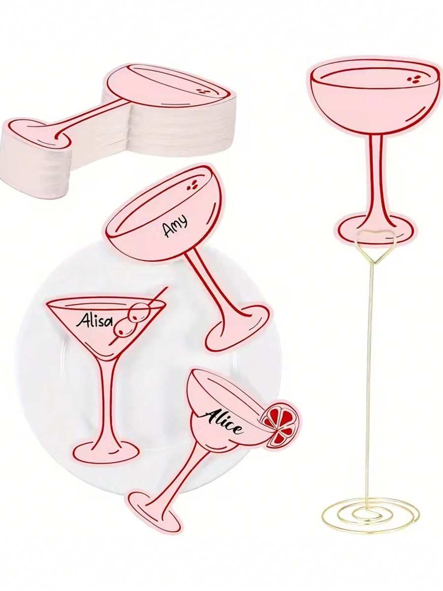 50pcs/10pcs Pink Cocktail Theme Place Cards - 3 Cocktail Themes, Suitable For Wedding Seating, Bridal Shower, Valentine's Day Decor, Anniversary Dinner, And Corporate Event - Multicolor - View 1