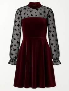 Tween Girl 蝴蝶网布 & 天鹅绒拼布派对连衣裙 - 酒紅色 - 查看 3