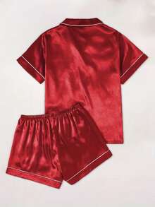 2pcs Satin Pajama Set, Short Sleeve Lapel Top & Shorts, Solid Color Pajama Set For Women, Spring/Summer Casual Sleepwear Loungewear - Red - View 2