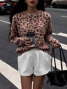 女士秋冬豹纹圆领长袖针织衫