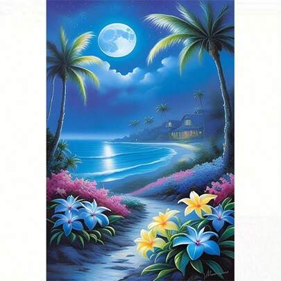 1pc 5D DIY Diamond Painting Kit, Tropical Beach Under Moonlight Diamond Painting, Beach Hut Landscape Diamond Embroidery, Bedroom Decor Wall Art, Christmas Decorations