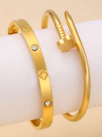 2 件四叶草手链，女士钛钢不褪色不锈钢手链，简约时尚气质配饰