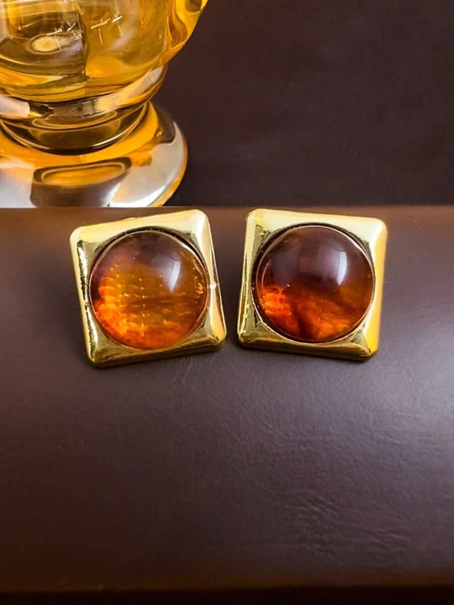 1 Pair Brown Square Stud Earrings, Merrald Design Creative Fashion Earrings, Recommended For Daily Wear With Dresses, Sweaters, Etc. (OPP Bag Packaging) - Yellow Gold - View 1