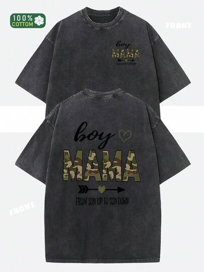 Camiseta de algodón puro con estampado 'Boy Mama', cuello redondo casual, ajuste holgado, top de tejido de punto de verano, 100% algodón, 230gsm - Ideal para viajes y deportes