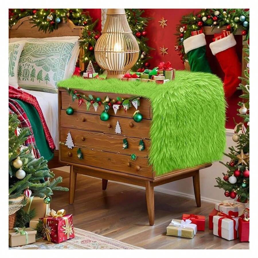 Green Christmas Table Runner 36 Inch, FluffyFur Dresser Runners For Bedroom, Coffee Table Decor, Winter Holiday Tabletop Cover - 多色603 - 查看 1
