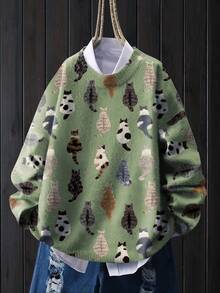 Women's Polyester Ribbed Knit Long Sleeve Pullover Sweater, Featuring Cute Cat Print, Medium Stretch Fabric